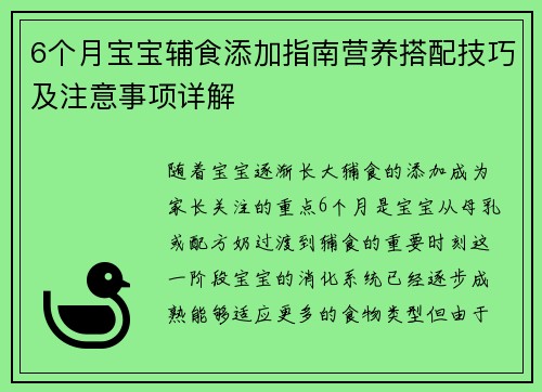 6个月宝宝辅食添加指南营养搭配技巧及注意事项详解